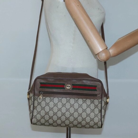 GUCCI GG Supreme Web Sherry Line Bag PVC Beige Gold 56 02 088 Auth 1 - Picture 1 of 14
